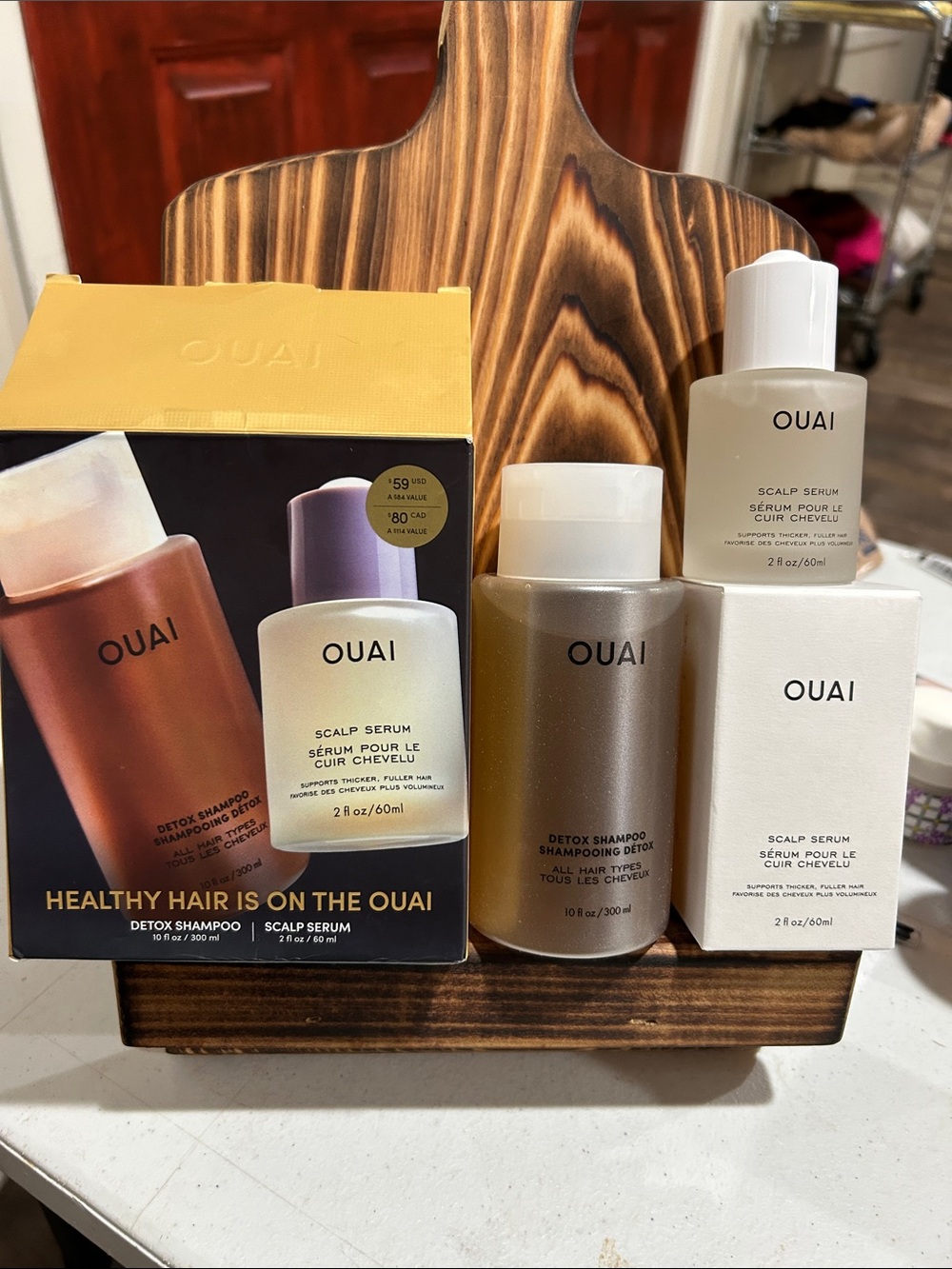 OUAI Shampoo & Scalp Serum Set in Yellow, White, Brown